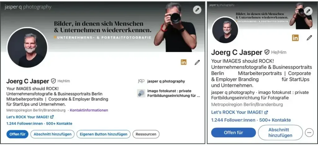 Der Linkedin-Header, Desktop und Mobile.